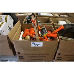 BOX OF ASSORTED HAMMERS AND POWER BARS