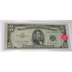 1953 SERIES $5.00 SILVER CERTIFICATE BILL SERIAL # D26211398 *RARE VERY FINE EARLY NOTE*!!