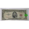 Image 1 : 1953 SERIES A $5.00 RED SEAL BILL SERIAL # B33604515A *NICE EARLY NOTE*!!