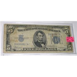 1934 SERIES A $5.00 SILVER CERTIFICATE BILL SERIAL # I06900817A *RARE EARLY NOTE*!!