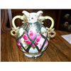Image 1 : 8" NIPPON VASE, RED AND PINK FLOWERS, BLACK TRIM, DBL HANDLE