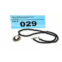 Ladies 925 Silver Onyx & Shell Cameo Necklace