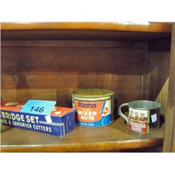 Shelf lot of collectors tins, containers and a