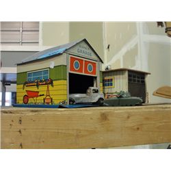 2 tin toy lithograph garage buildings, toy tank