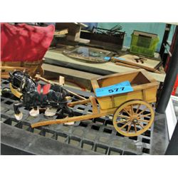 Ceramic clysdale horse and wooden cart decorative