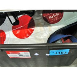 Brown rubbermaid container filled with martial ars
