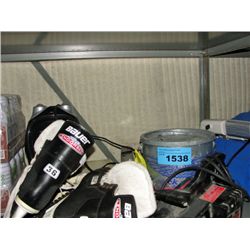 Shelf lot of misc; ice skates, belt sander, etc