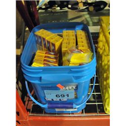 Blue plastic pail filled with bosch spark plugs