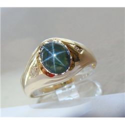 Man Blue Star Sapphire Ring: 2.05CtD:.08Ct 14KY/G
