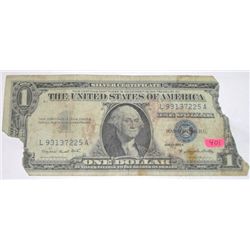 1957 SERIES A $1 SILVER CERTIFICATE SERIAL # L93137225A *NOTE IS RIPPED & MISSING PEICES*!!