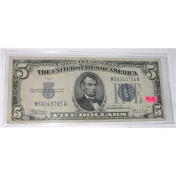 1934 SERIES C $5 SILVER CERTIFICATE SERIAL # M59343705A *RARE VERY FINE GRADE EARLY NOTE*!
