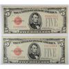 Image 1 : 2  1928F $5 RED SEAL  U S notes  AU  est $65-$70