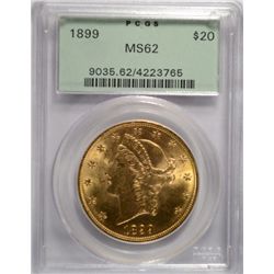 1899 $20 GOLD LIBERTY PCGS MS-62 OLD GREEN HOLDER