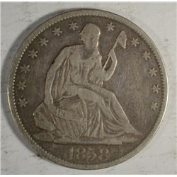 1858 O SEATED HALF DOLLAR VF