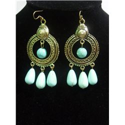 VINTAGE BLUE TURQUOISE DANGLING EARRINGS;METAL-BRASS;ST