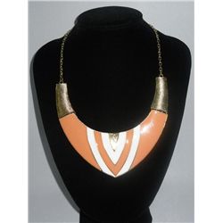 312CTW ORANGE-WHITE V-NECK BRASS NECKLACE;18INCH