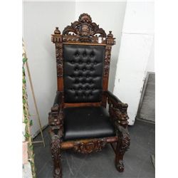 Carved Black Leather Throne Chair