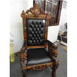 Carved Black Leather Throne Chair