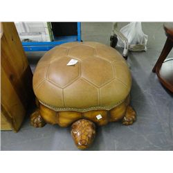 Carved Wood Turtle Leather Footstool