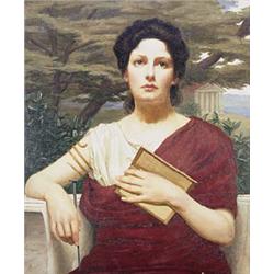 R** M** (late 19th century), Portrait of a lady, half length, wearing classical dress, within a land