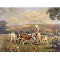 Fred Hall (1860-1948), Feeding Time; a milkmaid feeding calves in a paddock, oil on board, signed lo