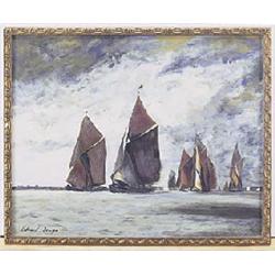 Edward Brian Seago (1910-1974), Spritsail barges on a calm sea, possibly at the mouth of the River O