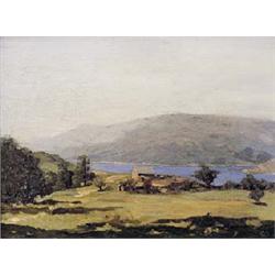 George Houston (1869-1947), Extensive coastal landscape with building beyond, oil on canvas, signed.