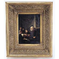 After Gerard (Gerrit) Dou (1613-1675), Schoolmaster and boys, oil on canvas, paper label verso inscr