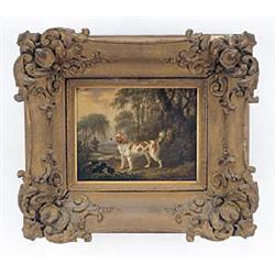 Charles Towne (1763-1840), Study of a spaniel within an extensive landscape, oil on panel, signed an