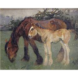 Evelyn Harke (late 19th/early 20th century), Mare and foal, oil on canvas, initialled lower right, 2