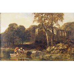 James Peel (1811-1906), River landscape with an abbey beyond, possibly Easby Abbey, oil on canvas, s