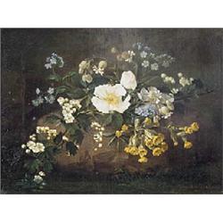 Pierre Langlade (early 20th century), Still life with dog roses, cowslips and forget-me-nots, oil on