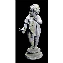 A late Victorian lead figure of a young girl, poised with a bird in one outstretched arm, the other.