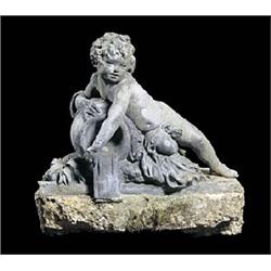 An early 19th century lead figure of a putti, the figure reclining over an upturned urn issuing wate