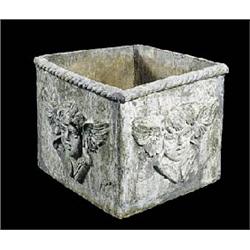 A pair of lead jardinieres, the square sides moulded with winged cherub masks, with rope twist borde