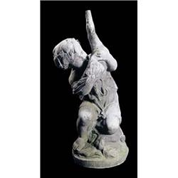 An early 20th century lead fountain, in the form of a boy seated on a rock, holding a duck with its.