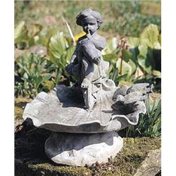 A lead bird bath, in the form of a putto seated in a scallop shell, his finger raised to his lips, w