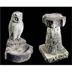 An early 20th century carved stone birdbath, the shaped bowl surmounted by a figure of an owl, toget