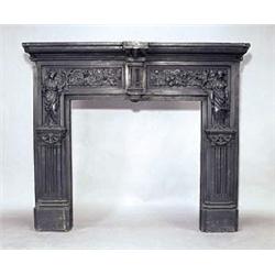 A late Victorian cast iron fire surround with a shelf above a central tablet, two neo-classical figu