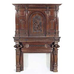 A Victorian oak fire surround of large proportions, the moulded dentil cornice with a scroll carved.