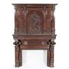 Image 1 : A Victorian oak fire surround of large proportions, the moulded dentil cornice with a scroll carved.