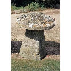 Five sandstone staddle stones, of roughly hewn form, with circular caps on square tapering bases, ea