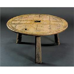 Two oak round tables, the tops constructed from cast iron bound oak cart wheels, on three square tap