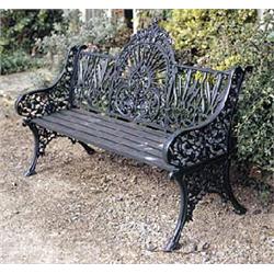 A cast iron Arched and Rayed pattern garden seat, the back cast with two panels of stylised leaves f