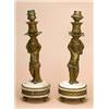 Image 1 : A pair of early 20th century gilt metal and white marble table lamps, each with a leaf cast nozzle h