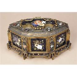 A late 19th century Italian gilt metal and pietre dure casket, of canted rectangular form with folia