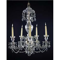 A composite cut-glass five-branch chandelier, with facetted pendants to the top and the drip pans, w