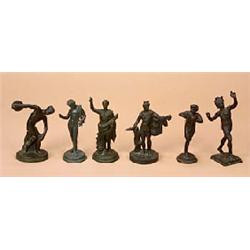 Six bronze classical figures after the antique, including; Roman figures, a discus thrower and a fau