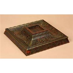 A 19th century rosewood, tortoiseshell and brass marquetry square inkstand, with a central recess, c