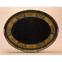 An early 19th century tole peint oval tray, the gallery pierced with handles, painted with bands of.